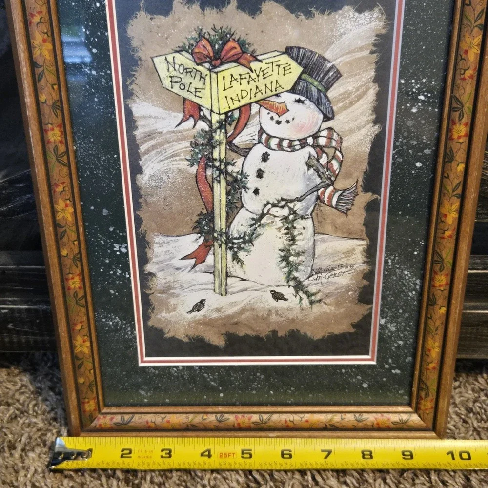 Marilyn B Gerst Snowman Signpost Framed Christmas Print Hand Painted Indiana